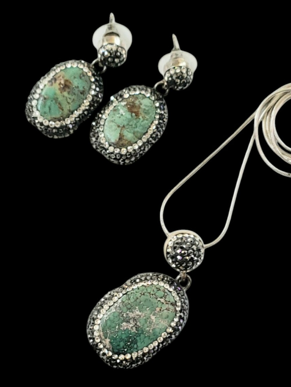Matrix Green Turquoise Cabochon Rhinestone Pendant Necklace & Earrings SS 925